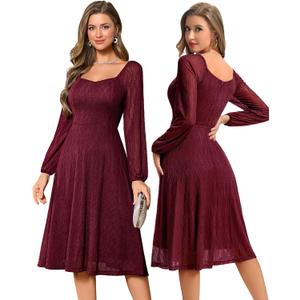 Bbonlinedress Formal Wedding Guest Dress Square Neck Lace Cocktail Dress Bridesmaid Long Sleeve A-Line Midi Tea Prom Gown (XL)