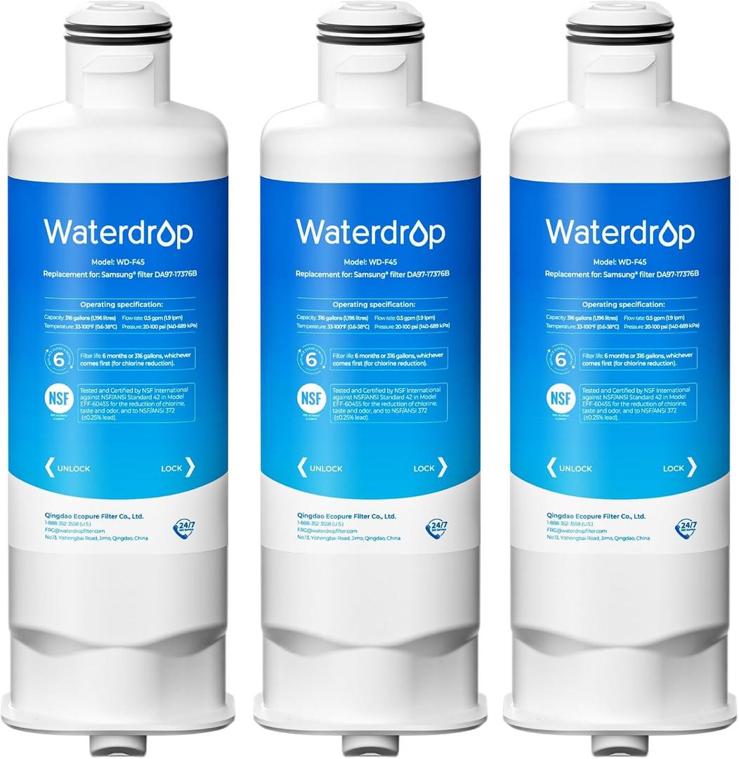 Waterdrop WD-F45 Replacement for Samsung DA97-17376B, HAF-QIN/EXP, DA97-08006C, RF28R7201SR, RF28R7351SG, WD-F45, Refrigerator Water Filter, 3 Filters
