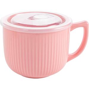 Ceramic Soup Bowl with Handle 32oz Microwave Ramen Bowl with Lid, Soup Mugs & Cups for Cereal, Oatmeal, Ramen, Instant Noodle, Soup Container with Lid (Pink)
