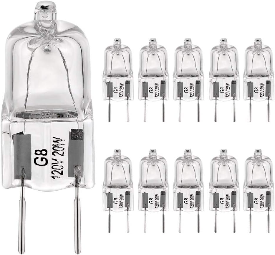 G8 Light Bulbs 20Watt 120Volt Halogen Light Bulb G8 Base Bi-Pin Shorter 1-3/8" (1.38") Length 20W T4 JCD Warm White Under Cabinet Puck Lighting Replacements, 10Pack