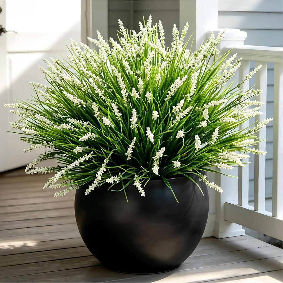 Artificial Faux Outdoor Plants Greenery for Summer Spring Decor, 12 Pcs Fake Monkey Grass UV Resistant No Fade Realistic Flowers for Outside Planter Patio Front Porch Door Yard,White