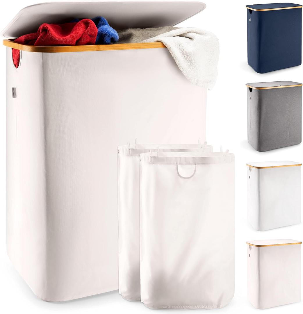 LONBET Laundry Basket with Lid, Made from Breathable Fabric | Aesthetic Clothes Hampers for Laundry with Side Handles & Sturdy Bamboo Frame (40 Gallons - Double, Beige)