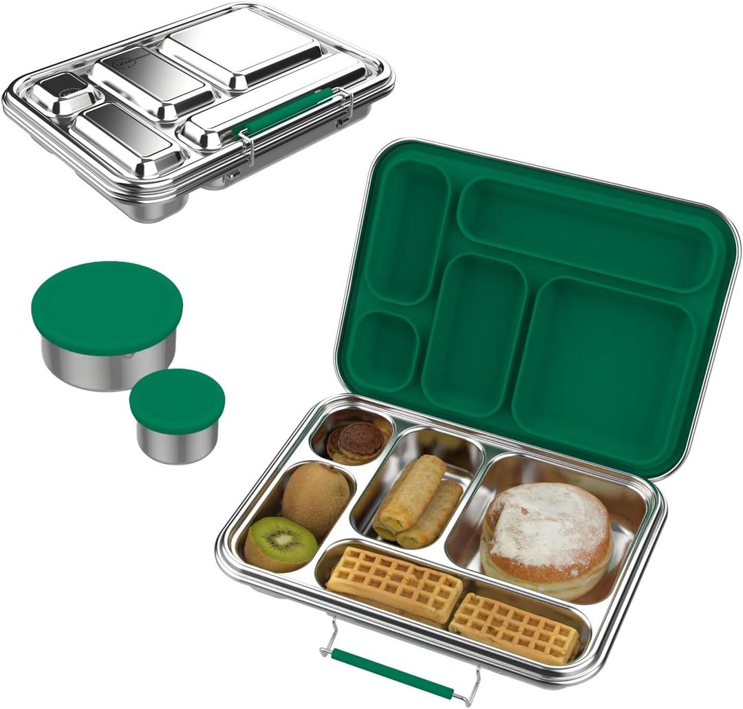 Stainless Steel Bento Box for Adults,31.6 oz Leakproof 5-Compartments Stainless Steel Bento Containers, Metal Lunch Box with 2 Container, Dishwasher Safe, Design for Office,Outdoor, BPA-Free Green