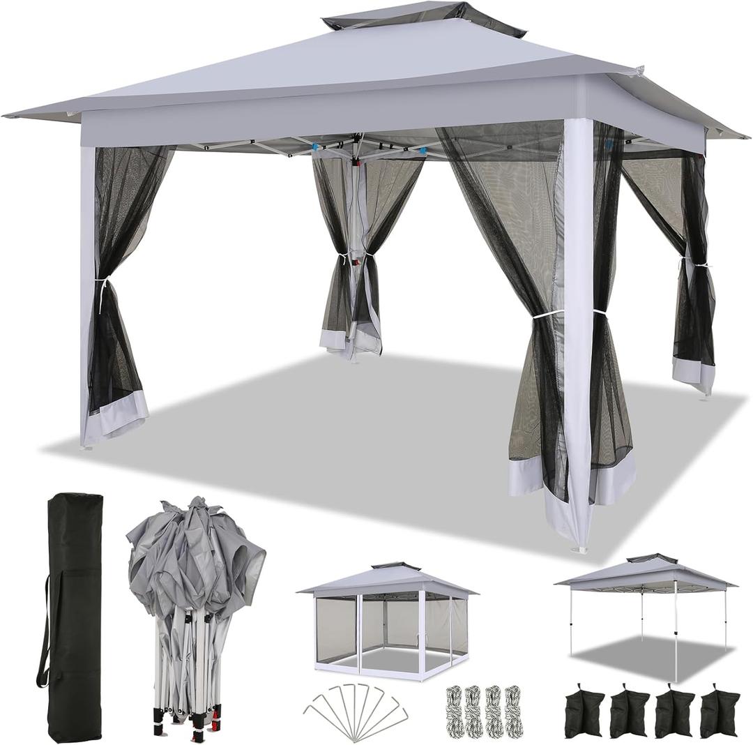 COBIZI 12x12 Pop up Gazebo on Clearance with Mosquito Netting,carpas para Patio Deals,Outdoor Canopy Tent with Portable Carrying Bag, Patio Gazebo for Garden Backyard, Lawn & Beach,Grey (12x12ft (Double Roof))