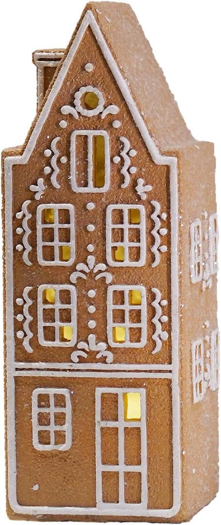 Cynkeyee Gingerbread Christmas Decorations Collectible Figurines - Resin Christmas Gingerbread House with Led Light Xmas Village Home Decor Gifts for Women Party Decorations 3.5x3.25x9 Inch (Beige-brown)