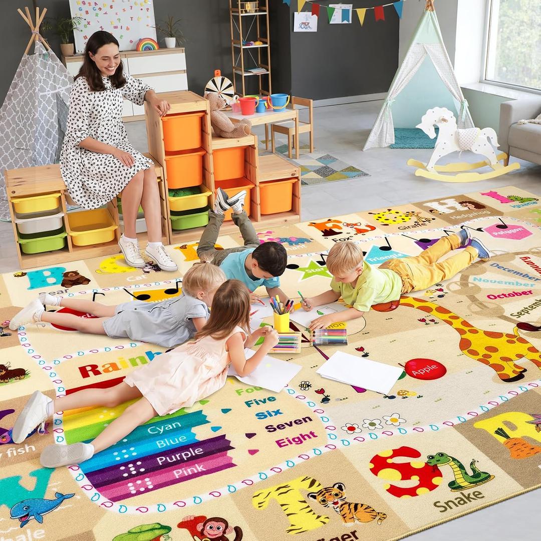 BENRON 7x10 Playroom Rug for Kids Washable, PlayMat with ABC Alphabet Beige
