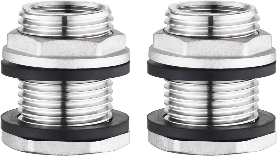 Stainless Steel 304 Tank Bulkhead Fitting With 2 Rubber Ring,Double 1/2" Female NPT and 3/4" Male GHT (Garden Hose Threaded), 2 Pack