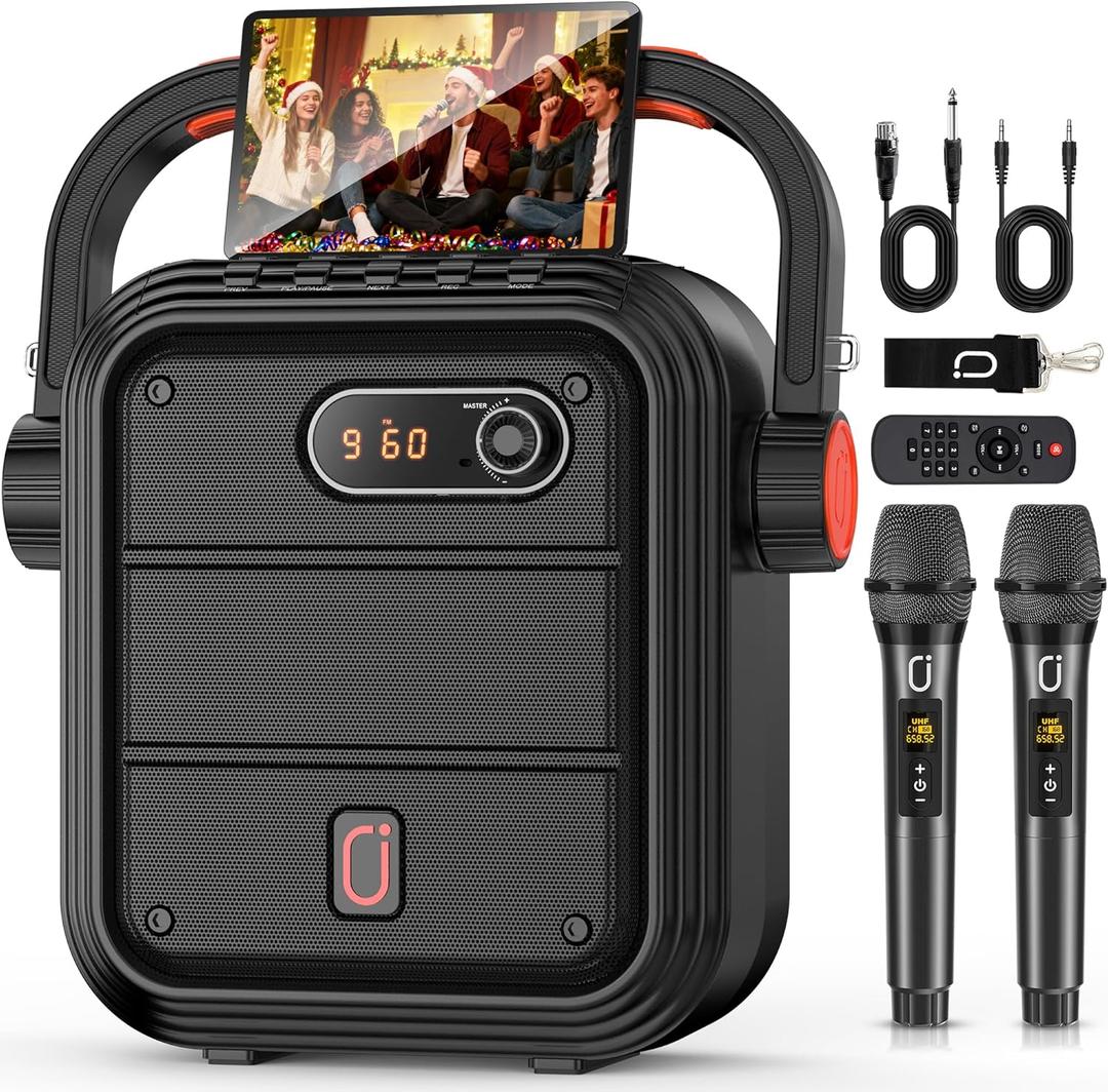 JYX Karaoke Machine with 2 Wireless Microphones, Portable Bluetooth Speaker PA System with Shoulder Strap, Subwoofer Support TWS, USB, Radio, AUX, REC, Bass & Treble for Home Party/Meeting/Adults/Kids (Black)