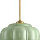 Green Glass Pendant Light, 15in Large Schoolhouse Light Fixture, LED Bulb Included, Vintage Art Deco Chandelier for Kitchen Island Dining Room Bedroom Hallway, Green & Antique Gold 1 Pack