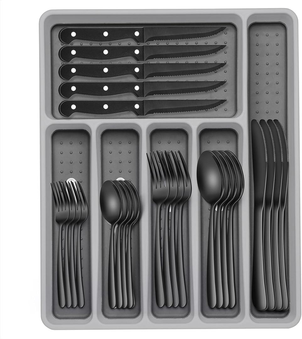 49-Piece Black Silverware Set with Organizer, Heavy Duty Stainless Steel Flatware for 8, Cutlery Utensil Sets with Steak Knives, Rust-proof, Mirror Polished, Dishwasher Safe, Black Heavy Duty