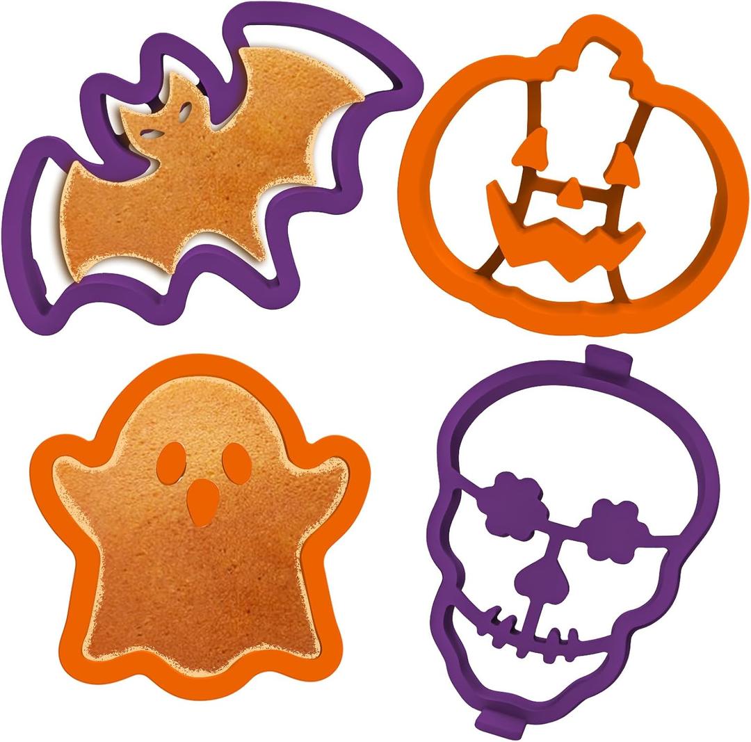 Kamehame Halloween Silicone Pancake Molds for Skull, Ghost, Bat and Pumpkin Shape Pancakes, 4 Pack Nonstick Pancake Shaper for kids, Fun Halloween Cake Ring Mold for Griddle Cooking