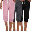 Ficerd 3 Pcs Women's Capri Sweatpants Joggers Summer Casual Sports Cropped Lounge Pants High Waisted Athletic with Pockets, Size: M