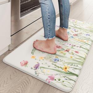 KIMODE Anti Fatigue Kitchen Mat 17.3"x29", Boho Floral Kitchen Floor Mats Non Slip, Waterproof Kitchen Mat for Floor, Padded Comfort Standing Mat for Laundry, Office, Sink, Desk White