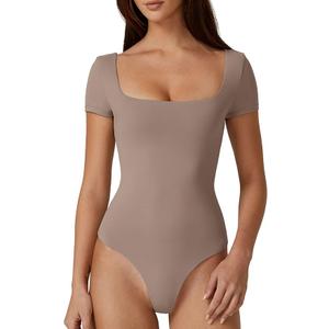 QINSEN Women's Square Neck Short Sleeve Double-Layer Bodysuit Fashion T-Shirt Tops, Large 