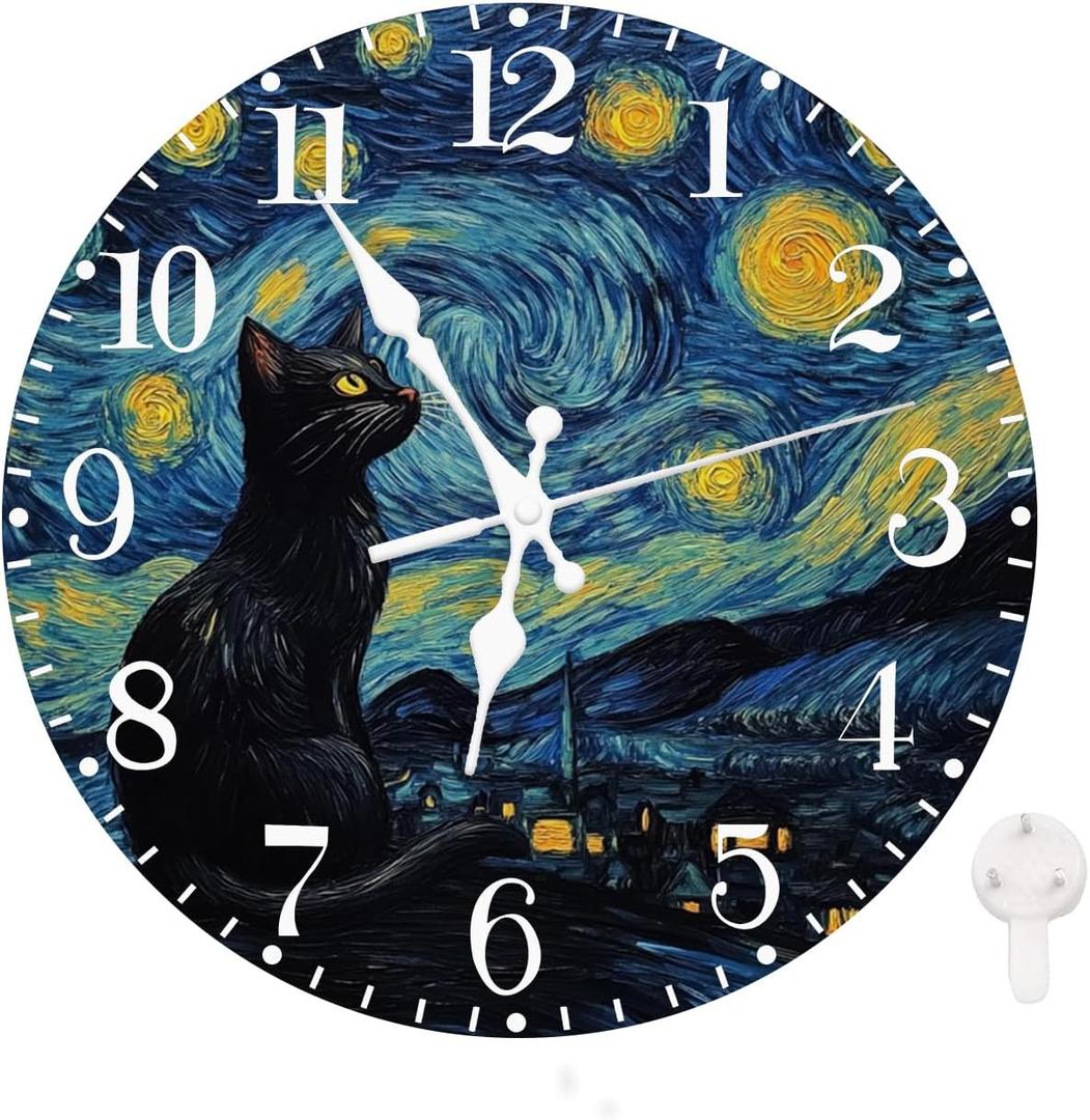 Ansouyi Round Wall Clock Battery Operated Clocks Wallclock 10 Inch, Starry Night and Black Cat Silent Non Ticking Wall Clock for Living Room,Kitchen,Home,Bathroom,Bedroom,Office or School