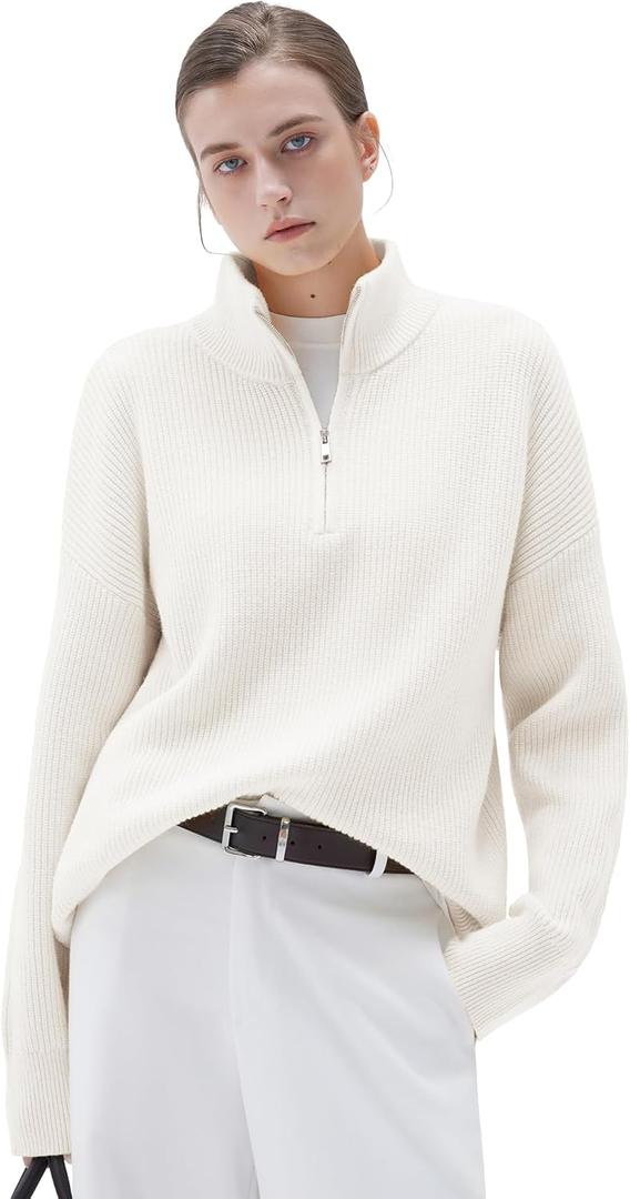SUUKSESS Women Cashmere Blend Oversized Quarter Zip Pullover Sweater Long Sleeve Collared Ribbed Knit Jumper Tops (X-Small, White)