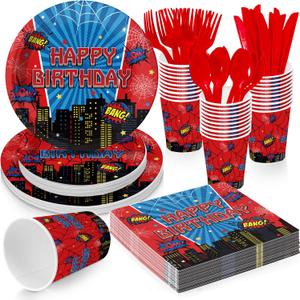 Cartoon Spider Birthday Party Supplies for Kids Child Themed Birthday PartyRed Blue Superhero Theme Party Decorations Disposable Tableware Set With Plates, Cups, Napkins & Cutlery for 24 Guests