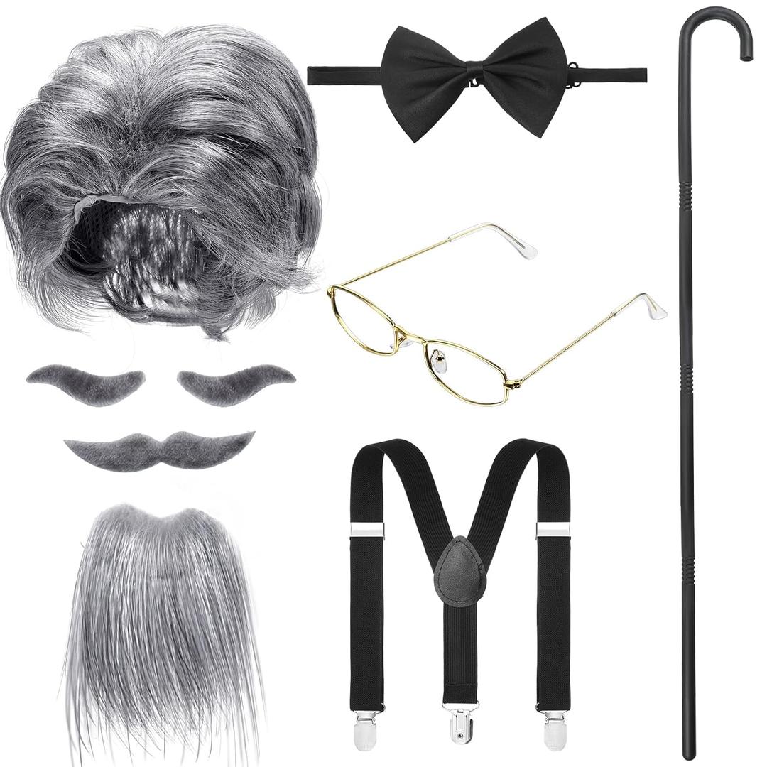 WILLBOND 8 Pcs Old Man Costume, Old Man Wig, Cane Glasses Faux Eyebrows Mustache Suspenders Bow Tie for Grandpa Cosplay (Dark Gray)