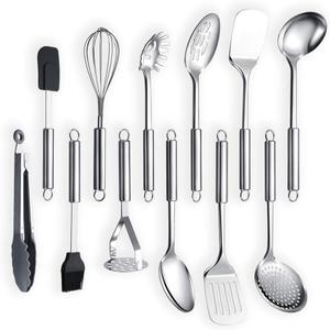 Berglander Cooking Utensil Set 12 Piece Stainless Steel Kitchen Tool Set, Include Cooking Spoon, Spatula, Whisk, Cooking Tong, 12 Pieces