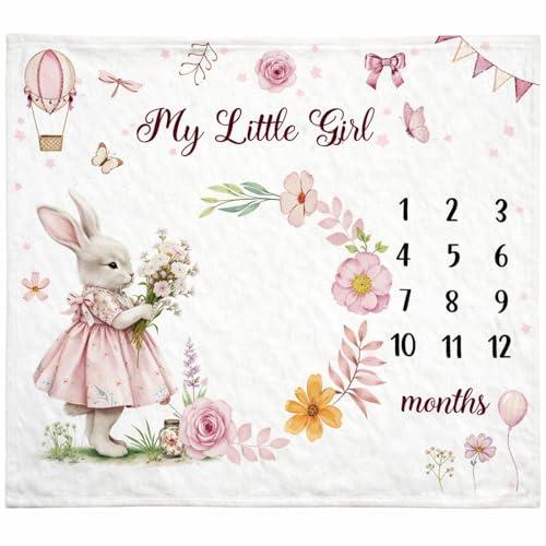 Mindsoft Easter Bunny Monthly Baby Milestone Blanket Bunny Flower Flannel Blanket Girl Newborn Infant Swaddle Growth Baby Frame for Boys Girls Nursery