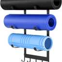 LSK Yoga Mat Holder Wall Mount, Black Yoga Mats Storage Rack, Home Gym Storage with Metal Floating Shelf for Storing Fitness, Yoga Mat Rack with 5 Hooks for Hanging Foam Rollers and Resistance Bands