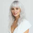Silver Wigs for Women Long Ombre Grey Wavy Wig with Bangs Dark Roots Synthetic Hair Wig Medium Middle Length Wig Water Wave Gray Colorful Wigs for Daily Party Cosplay Costume Use (16 inch)