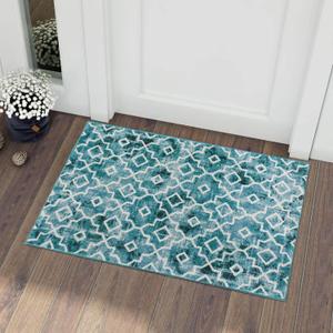 Wonnitar Moroccan Washable Area Rug - Small 2x3 Teal Distressed Entryway Rug Doormat Modern Geometric Non-Slip Throw Rug Faux Wool Floor Carpet for Bathroom Laundry Indoor Office (Teal, 2'x3')