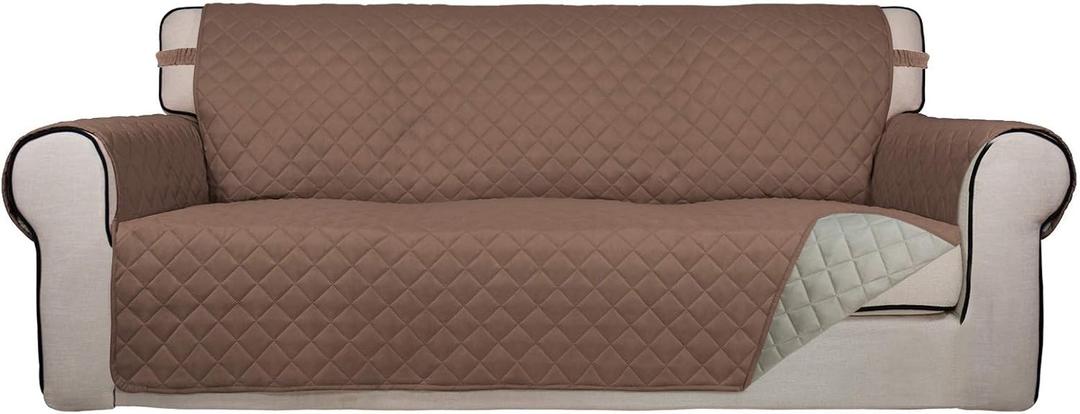 PureFit Reversible Quilted Sofa Cover, Water Resistant Slipcover Furniture Protector, Washable Couch Cover with Non Slip Foam and Elastic Straps for Kids, Dogs, Pets (Large, Brown/Beige)