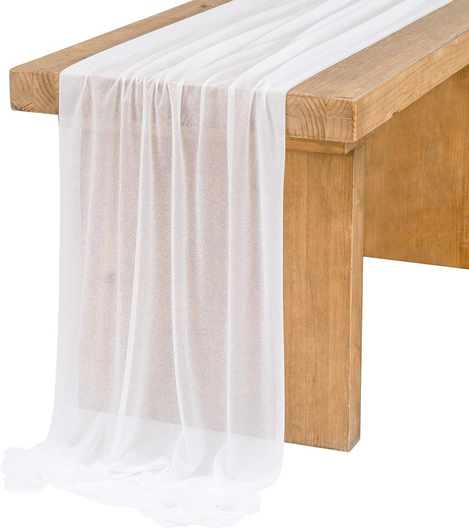 Ling's Moment 14Ft Chiffon Table Runner, Brilliant White Sheer Table Runners for Rustic Boho Wedding Party Bridal Shower Decorations Birthday Party, 6 pc