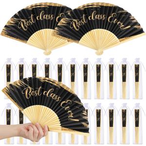 GlikCeil 20 Pcs Class Reunion Decorations 10 Year Reunion Hand Folding Fans with Organza Bags Bulk Foldable Paper Black and Gold Fans for Souvenir Party Favor Supplies Ceremony