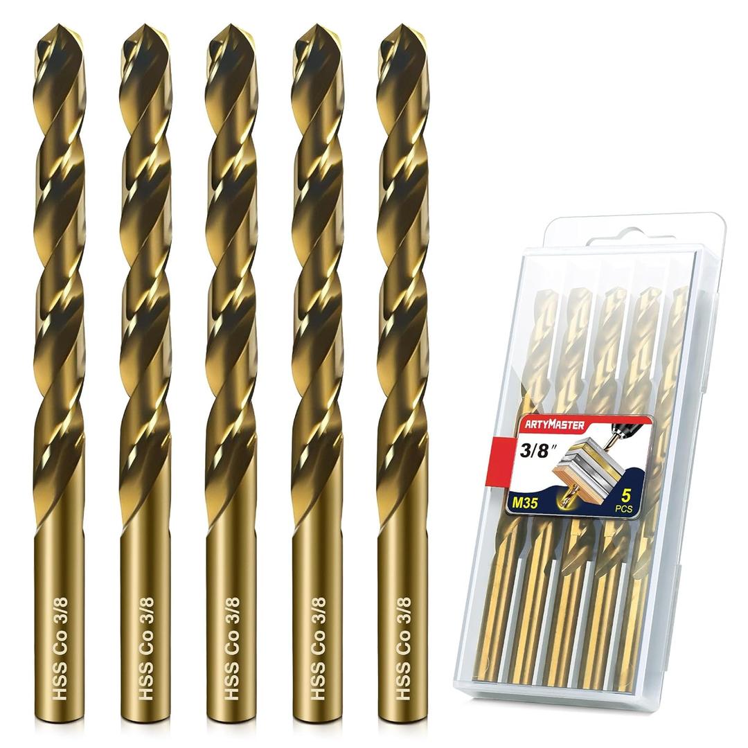 Drill Bit Set, 5pcs (3/8") M35 HSS Twist Cobalt Drill Bits for Stainless Steel, Hardened Steel, Cast Iron, Plastic and Wood,AM07G