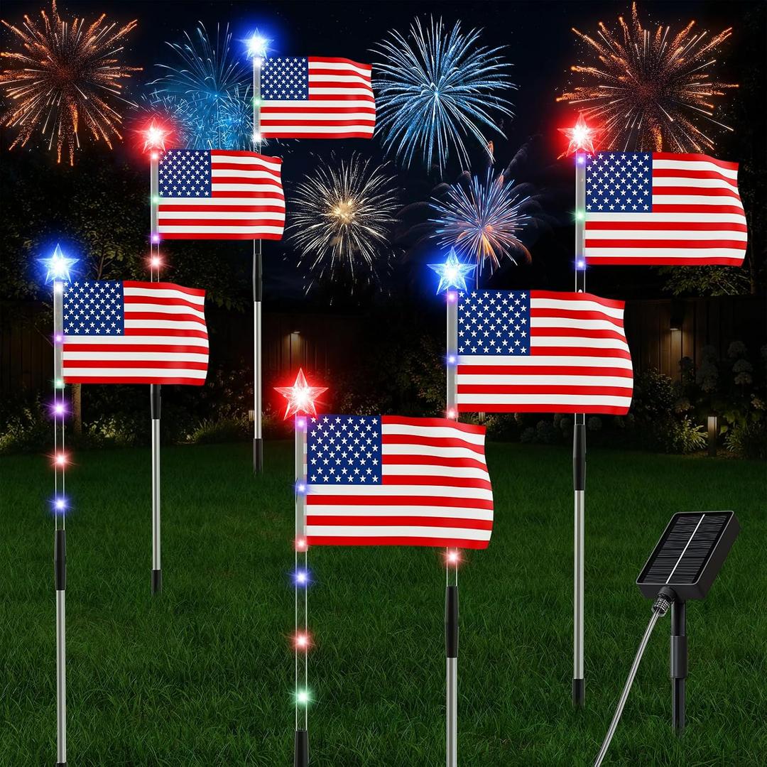 6 Pack American Flag Pathway Lights, 4th of July Decorations with 8 Modes, Patriotic Decorations Lights Outdoor Waterproof, for Yard, Garden,Independence Day, Memorial Day