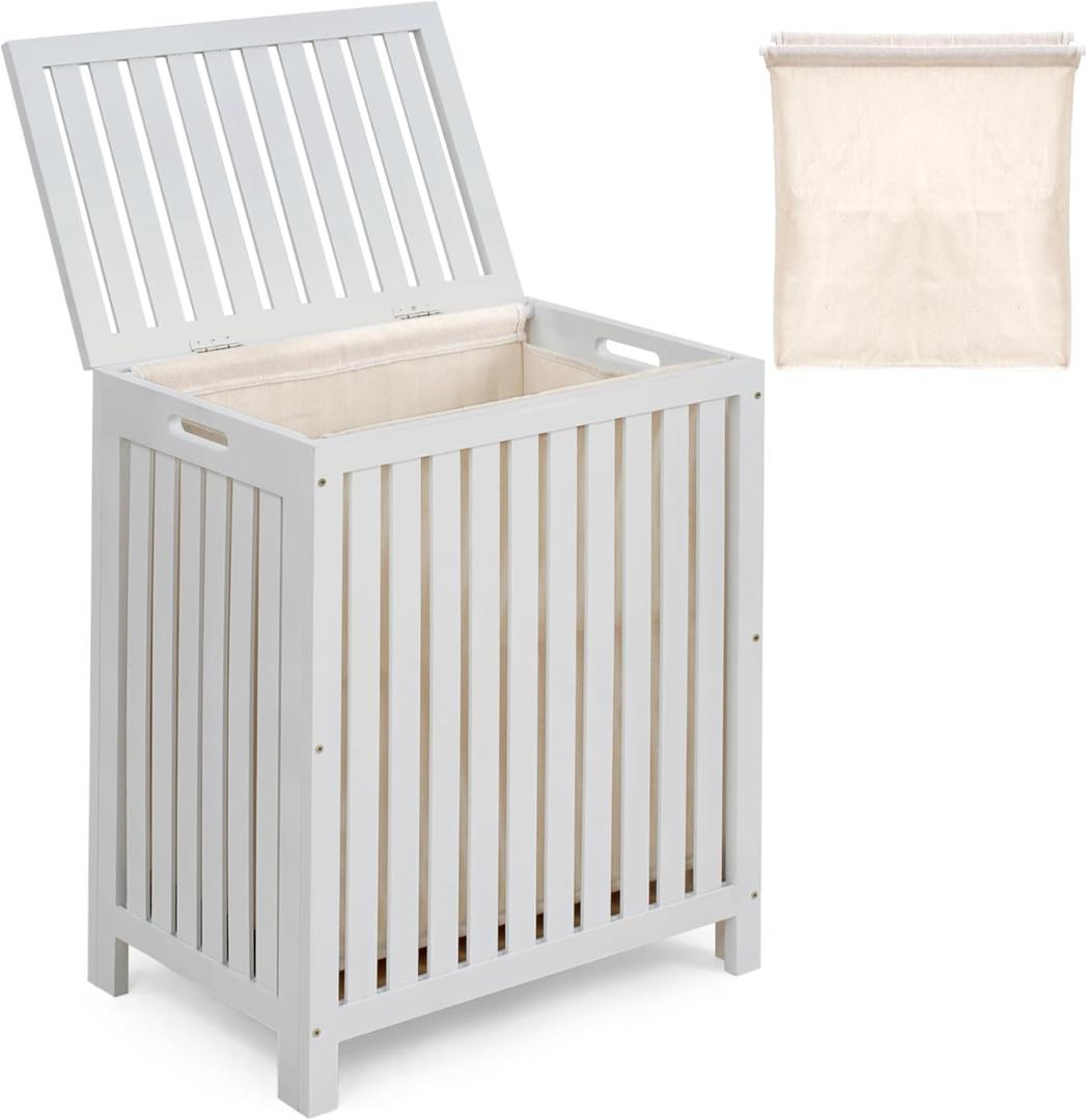2LB Depot Bamboo Laundry Hamper, White Rectangular Design with Lid, Wood Construction for Durability, Includes Canvas Liner and Two Wooden Rods, Hand Grips for Portability, Functional and Stylish,78L