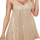 Wenrine Women's Sequin Dress Sexy V Neck Spaghetti Strap Backless Mini Dresses Club Party Dresses (Champagne)