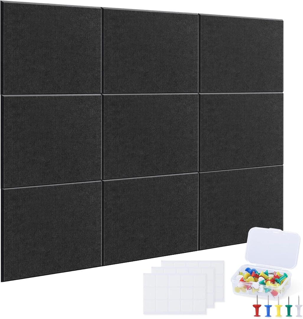 Large Cork Board Alternative - 36 x 36 Reusable Felt Wall Tile with 45 Safe Removable Adhesive Tabs 30 Push Pins, Alternative Cork Board for Walls Home Office (Black 9 Pack)