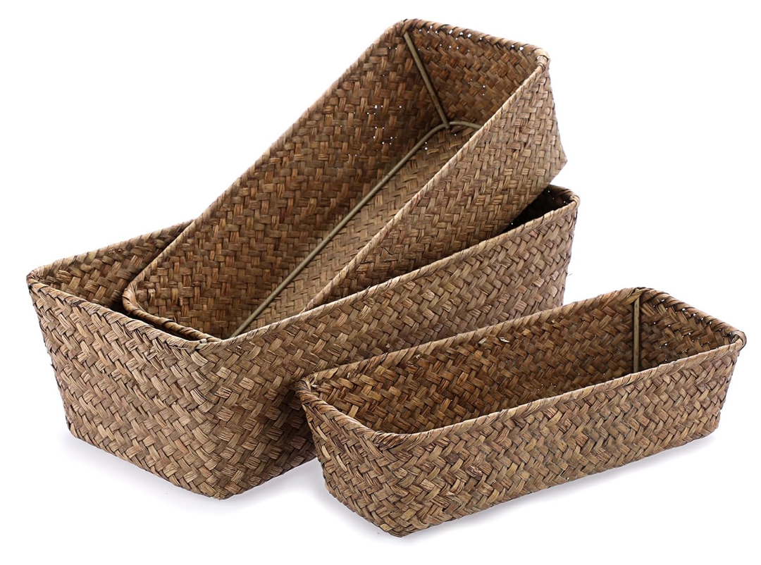 OGANAZI 1 Piece Natural Wicker Basket Set Rectangular Handwoven Seagrass Basket Storage Bins Home Organizer Bins - Household Basket Box for Shelf Wardrobe Desktop...