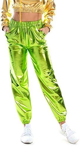 SIAEAMRG Womens Shiny Metallic High Waist Stretchy Jogger Pants, Wet Look Hip Hop Club Wear Holographic Trousers Sweatpant Size S