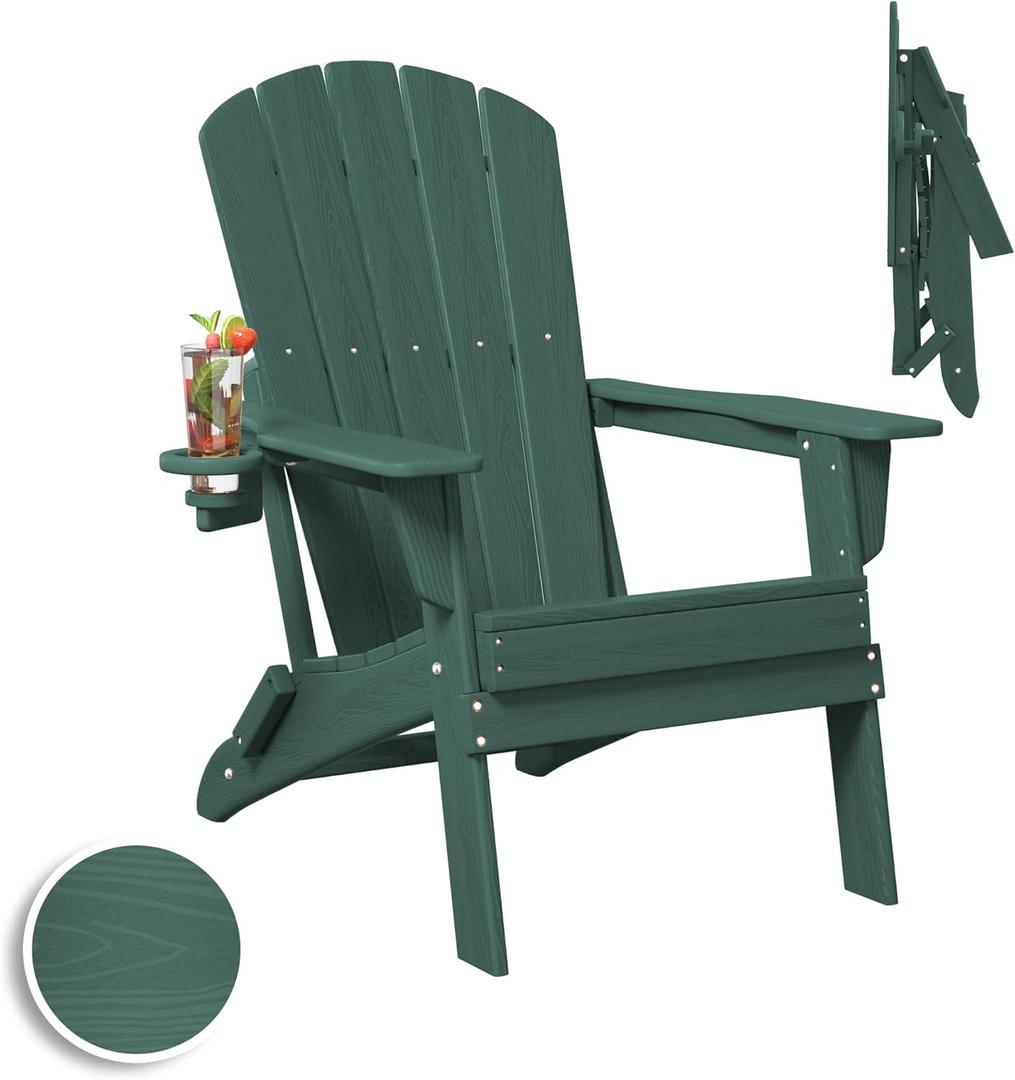 Folding Adirondack Chair, SGS Tested, Wooden Textured with Cup Holder, Heavy All-Weather HDPE Comfortable Set Poolside Backyard Lawn Green (Folding Chair with Cupholder)