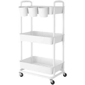 JIUYOTREE 3-Tier Plastic Rolling Storage Cart Utility Cart with Extra Hanging Cups Handles Lockable Wheels for Living Room Bathroom Kitchen Office White