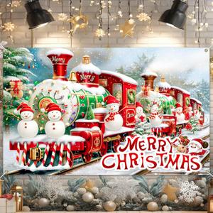 Christmas Backdrop Photography Background Train Snowman 71x43 Inch Winter Holiday Season Family Party Birthday Glitter Merry Xmas Decoration Photo Booth Prop