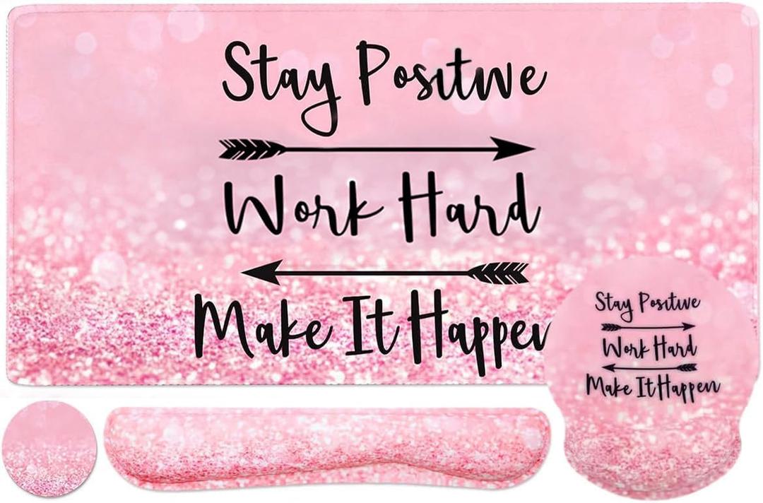 4-in-1 Gaming Mouse Pad Wrist Support SetDesk Pad + Mouse Pad with Wrist Rest + Keyboard Wrist Rest + Coaster, Ergonomic Design for Home Office Study Game - Pink Stay Positive