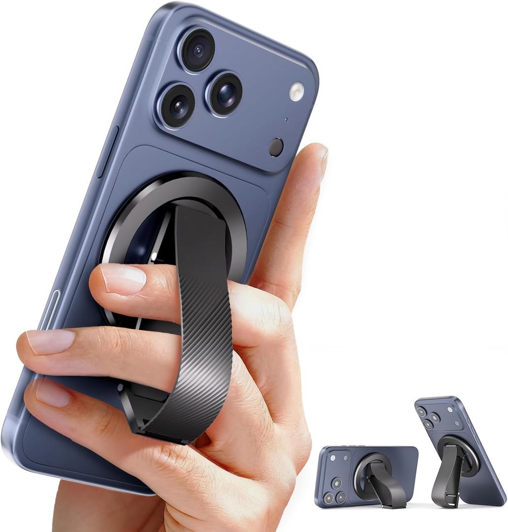 for MagSafe Phone Grip, Magnetic Phone Stand with Silicone Finger Strap & Dual-axis Adjustable Kickstand, Magnet Ring Holder Compatible with iPhone 17/16/15/14 Pro Max Mag Safe, Matte Black