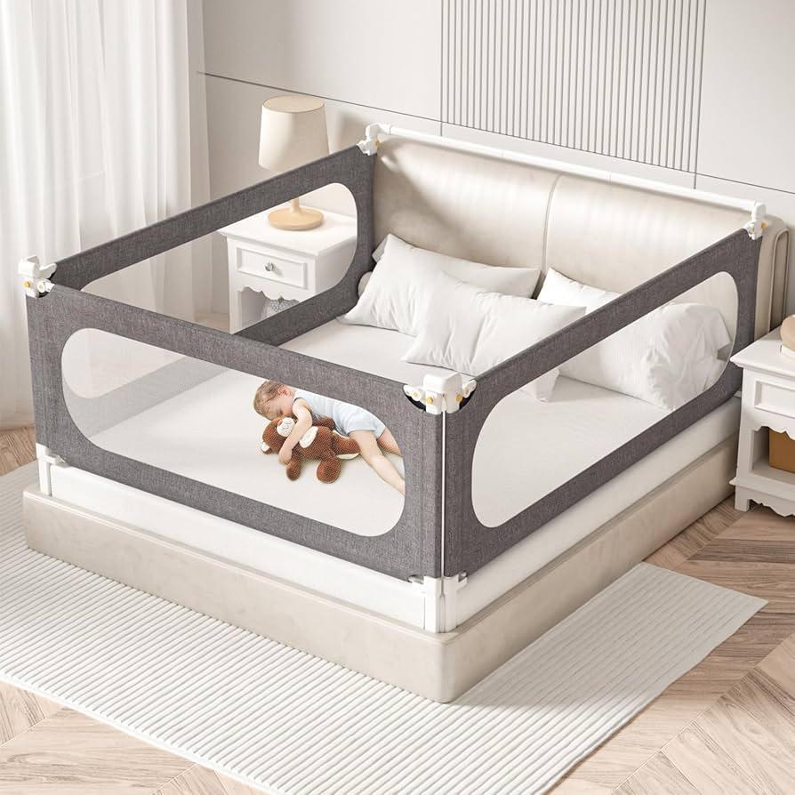 3-Piece Queen Size Bed Rails for Toddlers, with Headboard Rod -Height Adjustable Baby' Safety Bed Rails Guard for Queen Size Bed(3Pack 78.7"x78.7"x59"-Gray)