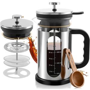 French Press Coffee Maker 34 oz, 1000ml Borosilicate Glass Stainless Steel Coffee Brewer with Reusable Filters Portable Coffee Press for Kitchen Travel Camping
