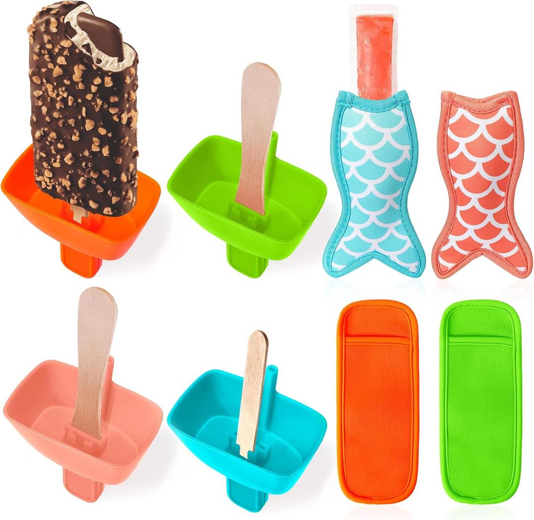Juome 8Pcs Popsicle Holders Ice Pop Sleeves Set for Kids, Reusable Silicone Popsicle Holder with Built in Straw Neoprene Popsicle Sleeves for Toddlers No Drip, Freeze Pop Holders for Kids Mess Free (pink, blue, orange, green)
