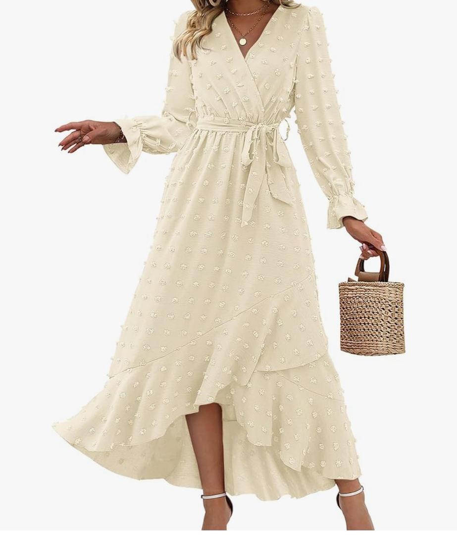 BTFBM Long Sleeve Maxi Dresses for Women Swiss Dot Boho Flowy Slit Cocktail Wedding Guest Dress Spring Clothes 2026 XL