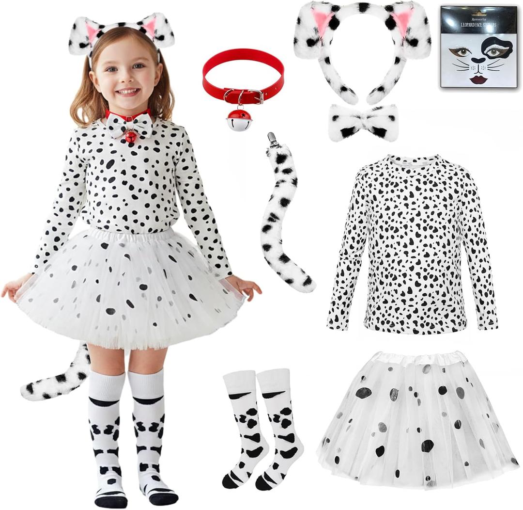Dalmatian Costume Girls, 101 Days of School Dog Costume Set Kids Tutu Headband Accessories Halloween Animal Party (3-4 Years, White)