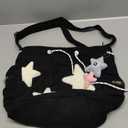 Cute Tote Bag for Women, Aesthetic Canvas Crossbody Bag Y2k Star Hobo Shoulder Purse Kawaii Zipper Messenger Bag (Black-Corduroy)