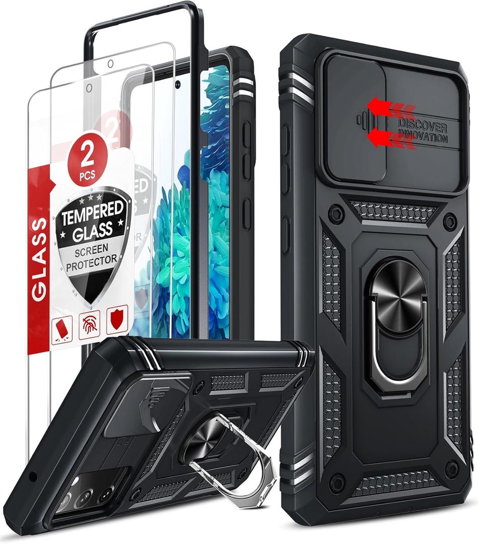 LeYi Compatible for Samsung Galaxy S20 FE 5G Case: [NOT FIT S20] Galaxy S20 FE Case with Slide Camera Cover + [2 Packs] Tempered Glass Screen Protector, Military-Grade Phone Case with Kickstand, Black