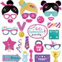 2 x 25PCS Gymnastics Photo Booth Props Set  Pink & Purple Paper Letter Print Selfie Props with Sticks for Gymnast Birthday Parties, Little Girl Themed Events & Photo Booth Decorations